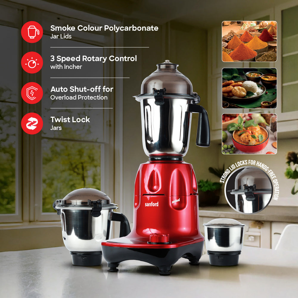 Sanford 3 Jar Mixer Grinder | 1200W Motor | 1.5L | 900ml | 300ml Stainless Steel Jars - buysanford