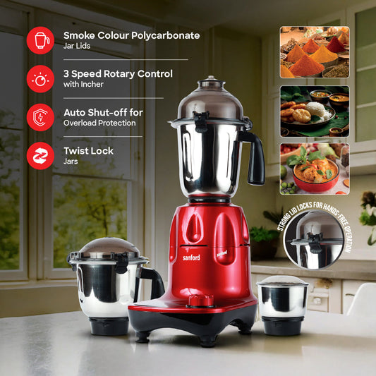 Sanford 3 Jar Mixer Grinder | 1200W Motor | 1.5L | 900ml | 300ml Stainless Steel Jars - buysanford