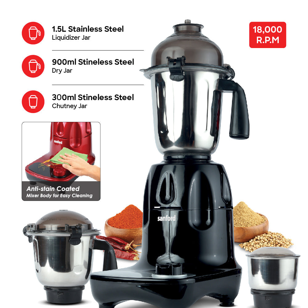 Sanford 3 Jar Mixer Grinder | 1200W Motor | 1.5L | 900ml | 300ml Stainless Steel Jars - buysanford