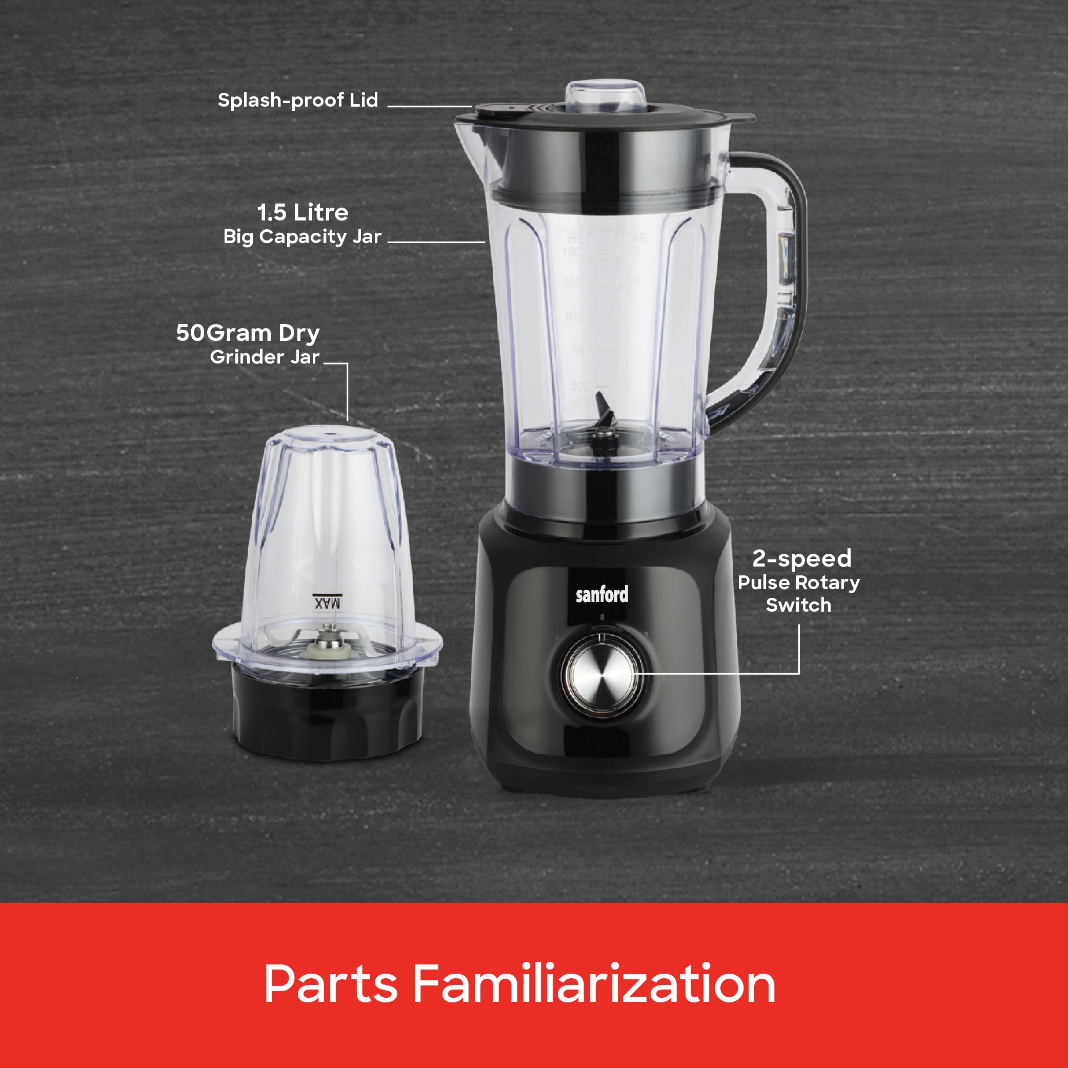 Sanford Heavy-Duty 2-in-1 Blender & Grinder | 1.5L Jar | 50g Mill | 600W Motor | SS Blades | 2-Speed Pulse | Splash-Proof Lid - buysanford