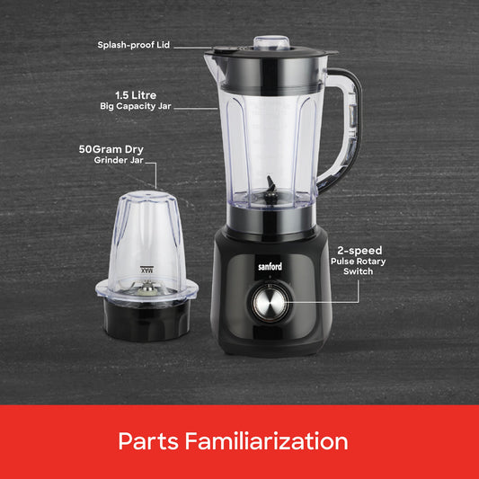 Sanford Heavy-Duty 2-in-1 Blender & Grinder | 1.5L Jar | 50g Mill | 600W Motor | SS Blades | 2-Speed Pulse | Splash-Proof Lid - buysanford