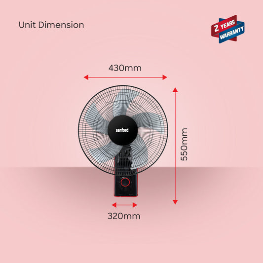 Sanford 18” Wall Fan | 60W Full Copper Motor | 1250 RPM | 5 AS Blades | 3-Speed + Oscillation | Tilt Head | ABS Body - buysanford