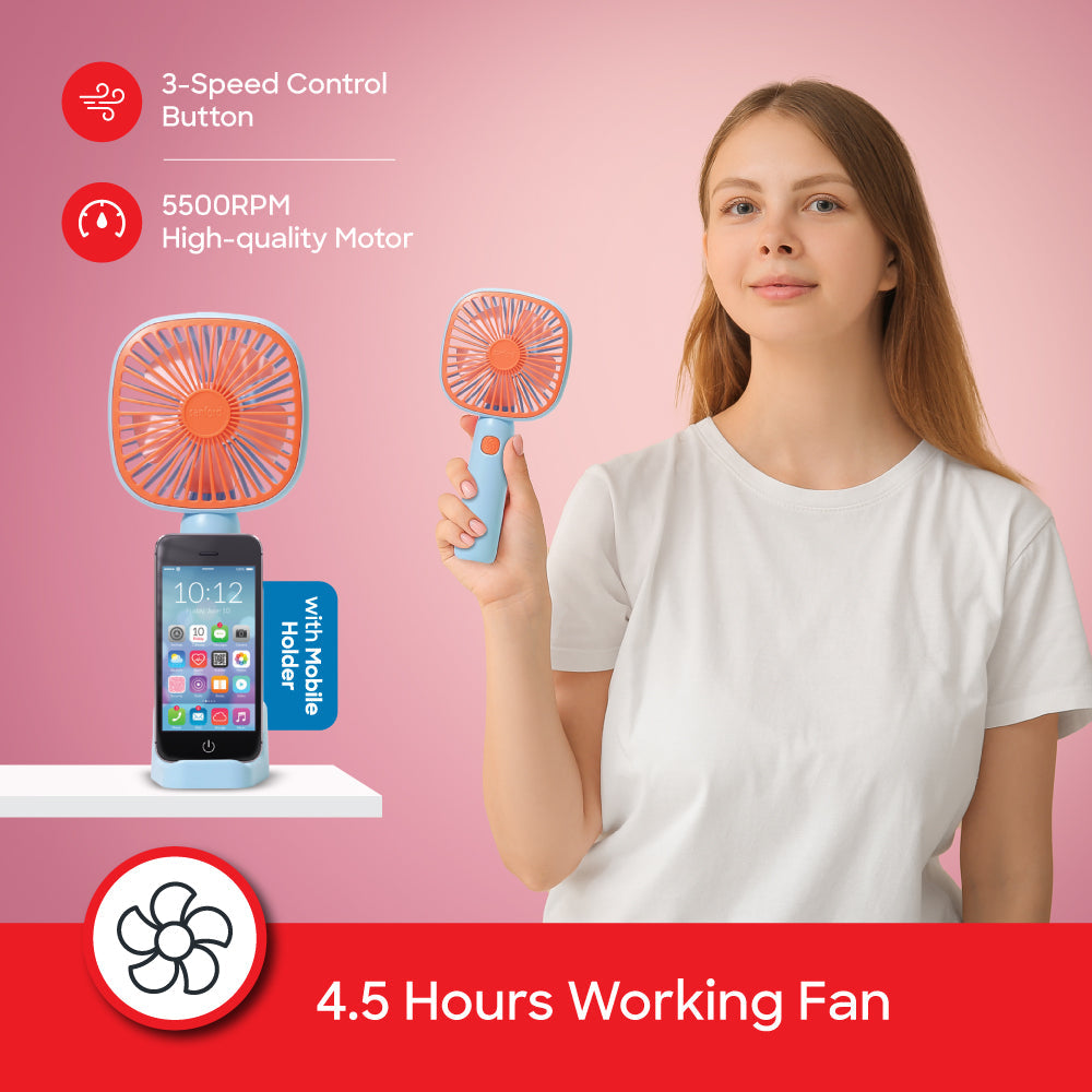 Sanford Rechargeable Hand Fan Combo | With Mobile Holder & Compact High-Speed Fan | USB-C Charging | 3-Speed | Portable Design - buysanford